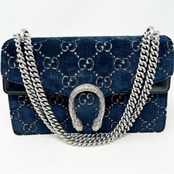 GUCCI DOUBLE G DIONYSUS SMALL NAVY BLUE VELVET WOMENS PURSE - Picture 1 of 9
